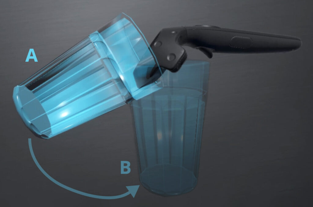 A user controlling the rotation of a virtual drinking glass with controller input